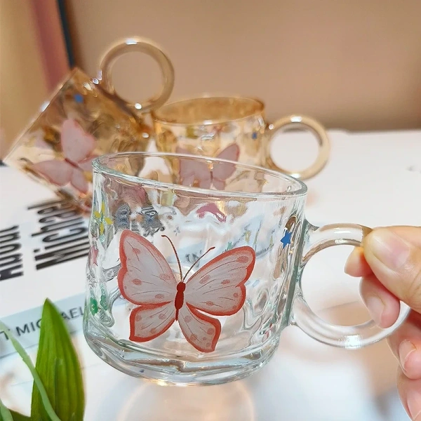 Kawaii Butterfly Glass Mug – Aesthetic Transparent Coffee Cup for Tea, Milk & Juice