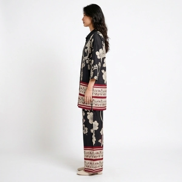 Guess What Women's Black Floral Print Co-ord Set | Shirt & Wide Leg Pants | Guess What - M, Black
