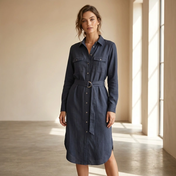 Guess What Women's Navy Blue Belted Linen Shirt Dress | Midi Length | Guess What - S, Navy Blue