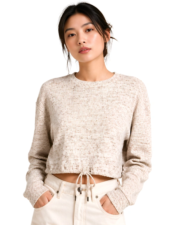 Guess What Women's Beige Knit Cropped Sweater | Drawstring Hem Pullover Top | Guess What - M, Beige