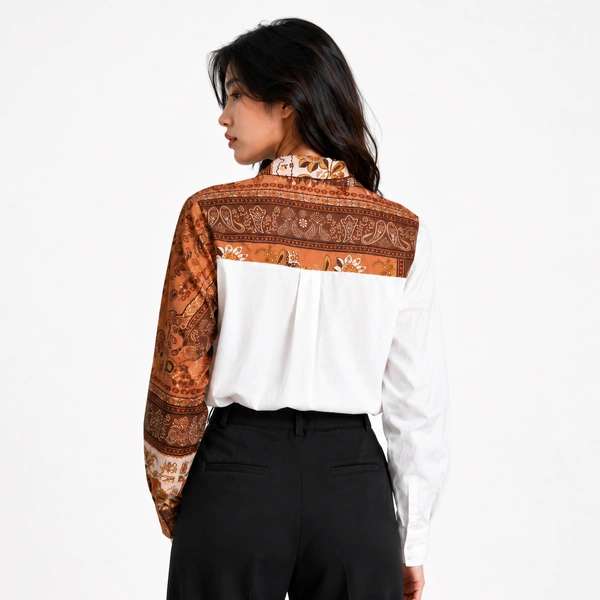 Guess What Women's Brown Paisley Floral Print Panel Shirt | Contrast White Sleeve | GuessWhat - M