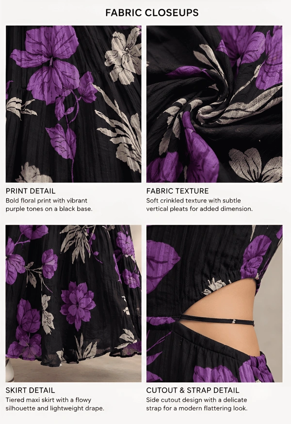 Guess What Women's Black Purple Floral Cutout Maxi Dress | Tiered Pleated Skirt | GuessWhat - S, BLACK
