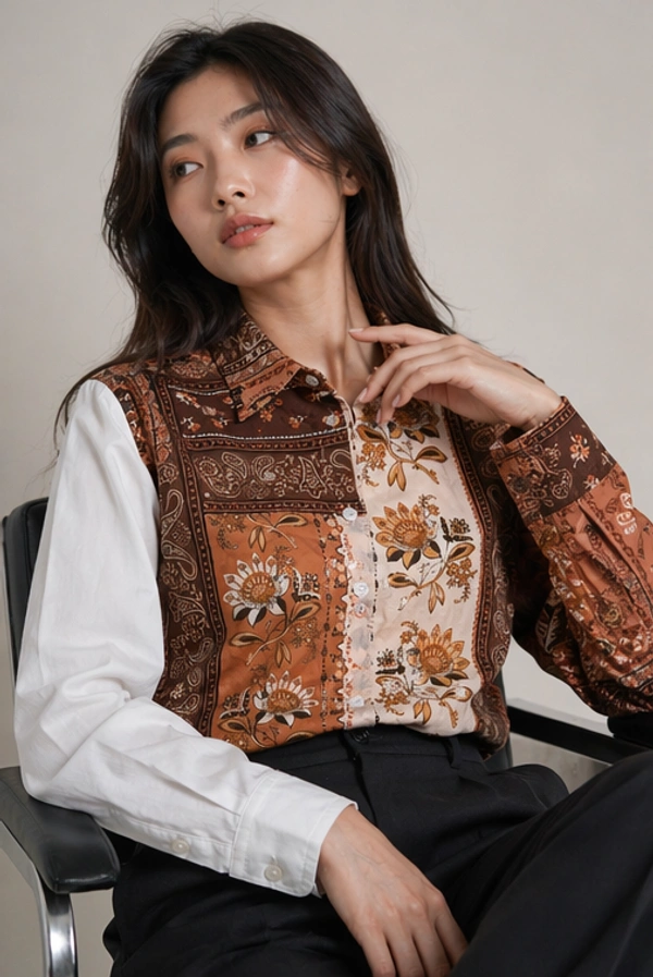 Guess What Women's Brown Paisley Floral Print Panel Shirt | Contrast White Sleeve | GuessWhat - M
