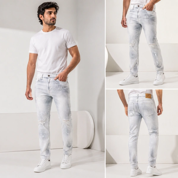 Guess What Men's Ice White Glitter Distressed Regular Fit Jeans | Crystal Spray Denim | GuessWhat - 34, SHADED ICE WHITE