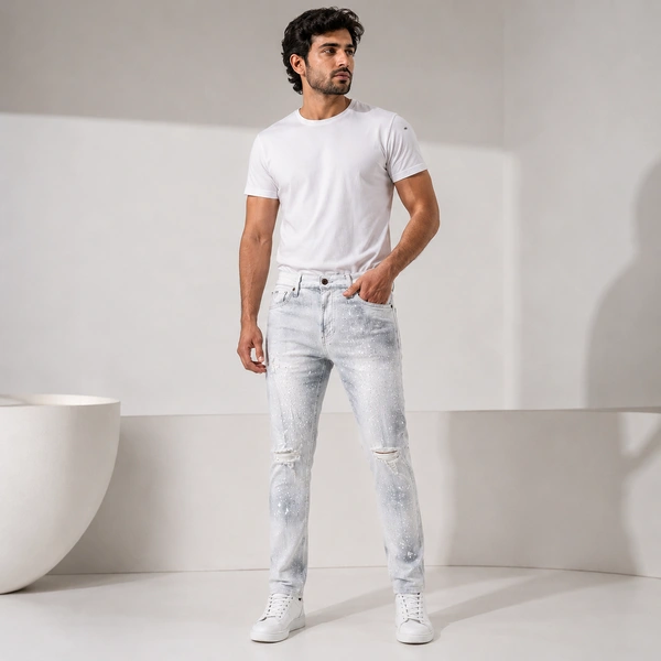 Guess What Men's Ice White Glitter Distressed Regular Fit Jeans | Crystal Spray Denim | GuessWhat - 34, SHADED ICE WHITE