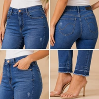 Guess What Women's Mid Blue Regular Ankle Fit Jeans | Frayed Hem Distressed Denim | Guess What - 34, Mid Blue