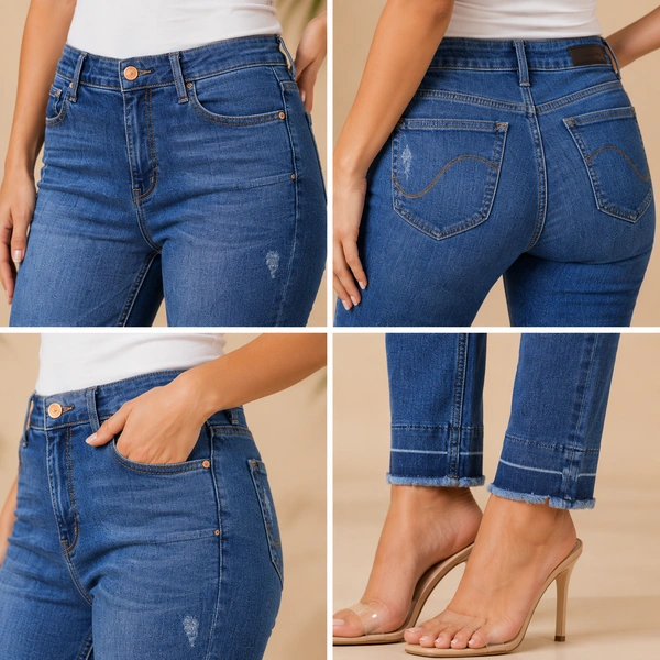 Guess What Women's Mid Blue Regular Ankle Fit Jeans | Frayed Hem Distressed Denim | Guess What - 34, Mid Blue