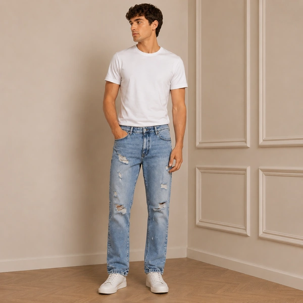 Guess What Men's Light Blue Straight Fit Distressed Jeans | Heavy Ripped Denim | Guess What - 40, Light Blue