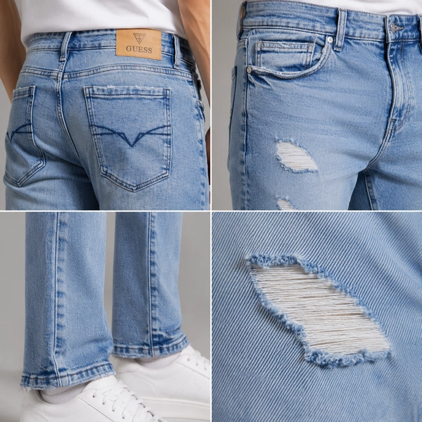 Guess What Men's Light Blue Straight Fit Distressed Jeans | Heavy Ripped Denim | Guess What - 40, Light Blue