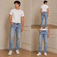 Guess What Men's Light Blue Straight Fit Distressed Jeans | Heavy Ripped Denim | Guess What - 40, Light Blue
