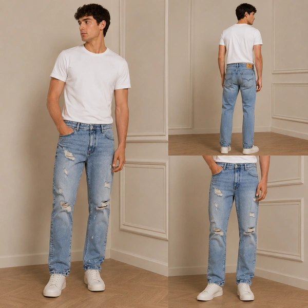 Guess What Men's Light Blue Straight Fit Distressed Jeans | Heavy Ripped Denim | Guess What - 40, Light Blue