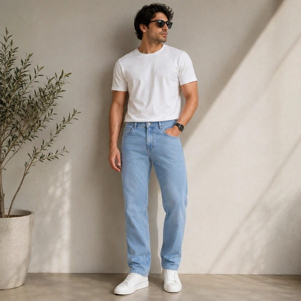 Guess What Max Blue Men's Light Blue Straight Fit Jeans | Ice Wash Clean Denim | Guess What - 40, Light Blue