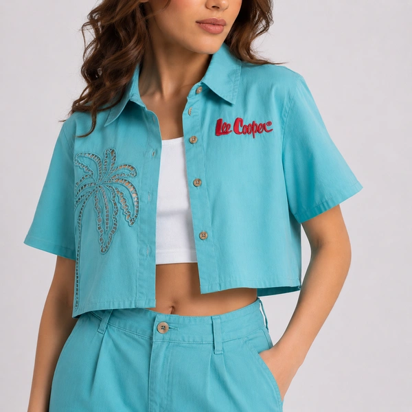 Guess What Lee Cooper Women's Teal Cropped Shirt | Palm Lace Embroidery | Guess What - S, Aqua Blue-Green