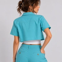 Guess What Lee Cooper Women's Teal Cropped Shirt | Palm Lace Embroidery | Guess What - S, Aqua Blue-Green