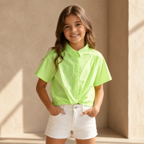 Guess What Girls Neon Green Cotton Crop Shirt | Short Sleeve Button-Up Top for Girls | Twist Front Summer Top – Guess What - 9 - 10 Years, Neon Green