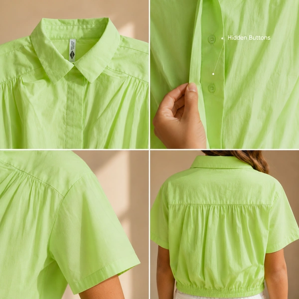 Guess What Girls Neon Green Cotton Crop Shirt | Short Sleeve Button-Up Top for Girls | Twist Front Summer Top – Guess What - 9 - 10 Years, Neon Green