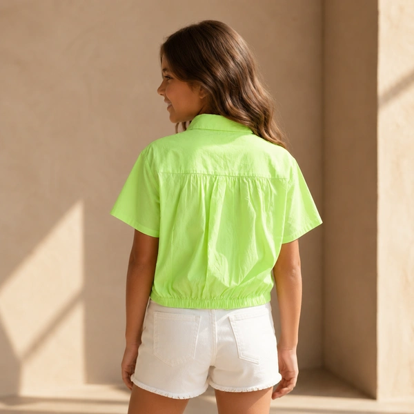 Guess What Girls Neon Green Cotton Crop Shirt | Short Sleeve Button-Up Top for Girls | Twist Front Summer Top – Guess What - 9 - 10 Years, Neon Green