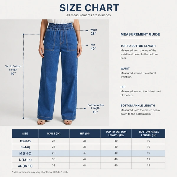 Guess What Women's Mid Blue Wide Leg Elastic Waist Jeans | High Waist Palazzo Denim | Guess What - 28, Mid Blue