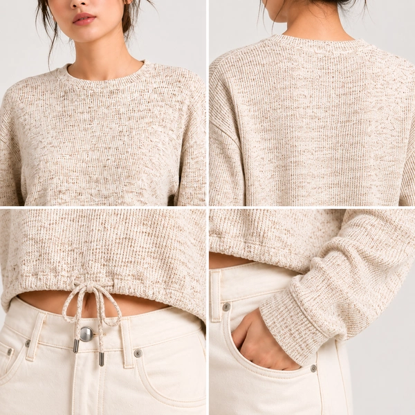 Guess What Women's Beige Knit Cropped Sweater | Drawstring Hem Pullover Top | Guess What - M, Beige