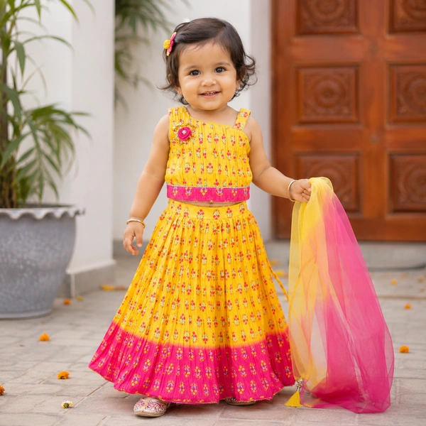 Guess What Baby Girls Yellow & Pink Floral Lehenga Choli Set with Dupatta | Festive Ethnic Wear | Guess What - 2 - 3 Years, Pink & Yellow