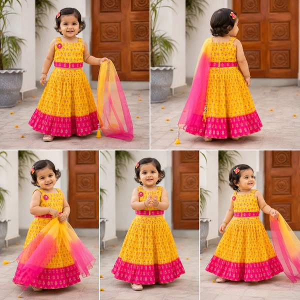 Guess What Baby Girls Yellow & Pink Floral Lehenga Choli Set with Dupatta | Festive Ethnic Wear | Guess What - 2 - 3 Years, Pink & Yellow