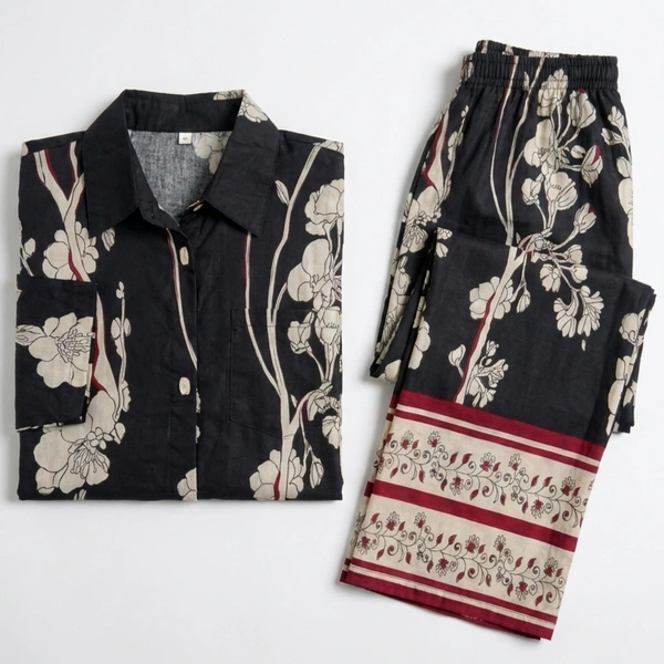 Guess What Women's Black Floral Print Co-ord Set | Shirt & Wide Leg Pants | Guess What - M, Black