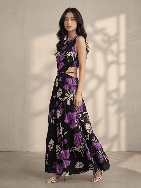 Guess What Women's Black Purple Floral Cutout Maxi Dress | Tiered Pleated Skirt | GuessWhat - S, BLACK