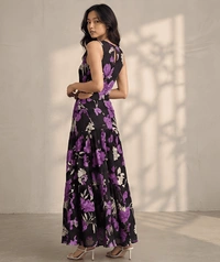 Guess What Women's Black Purple Floral Cutout Maxi Dress | Tiered Pleated Skirt | GuessWhat - S, BLACK