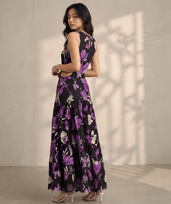 Guess What Women's Black Purple Floral Cutout Maxi Dress | Tiered Pleated Skirt | GuessWhat - S, BLACK