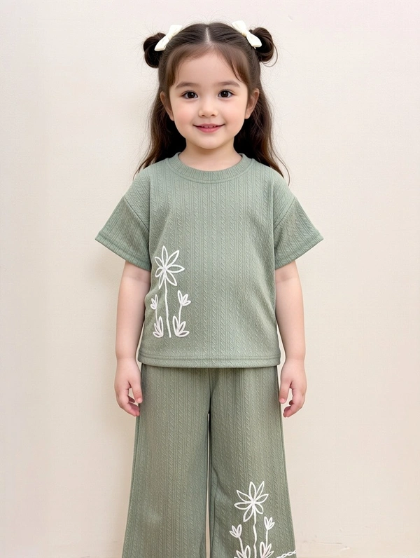 Guess What Girls Sage Green Floral Embroidered Co-Ord Set | Soft Ribbed 2 Piece Top & Wide Leg Pants Outfit - 7-8 years