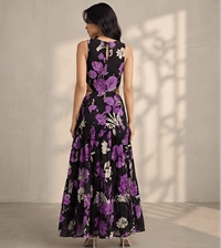 Guess What Women's Black Purple Floral Cutout Maxi Dress | Tiered Pleated Skirt | GuessWhat - S, BLACK