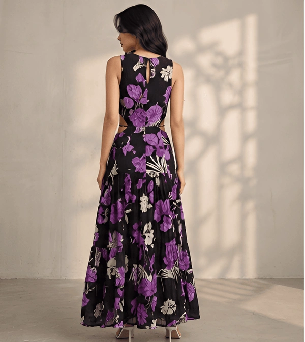 Guess What Women's Black Purple Floral Cutout Maxi Dress | Tiered Pleated Skirt | GuessWhat - S, BLACK
