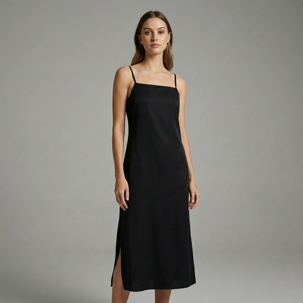 Guess What Women's Black Slip Midi Dress | Square Neck Spaghetti Strap Side Slit | Guess What - S, Black
