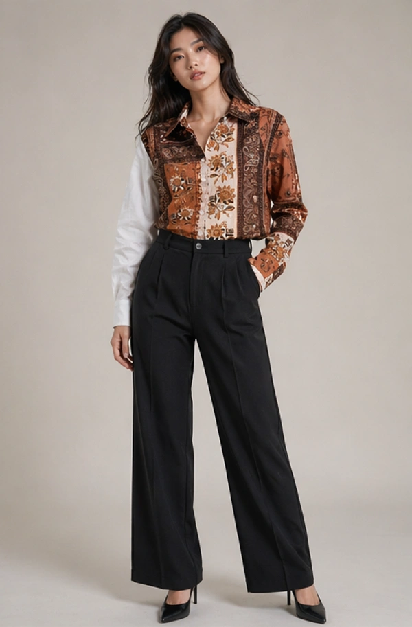 Guess What Women's Brown Paisley Floral Print Panel Shirt | Contrast White Sleeve | GuessWhat - M