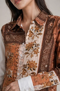 Guess What Women's Brown Paisley Floral Print Panel Shirt | Contrast White Sleeve | GuessWhat - M