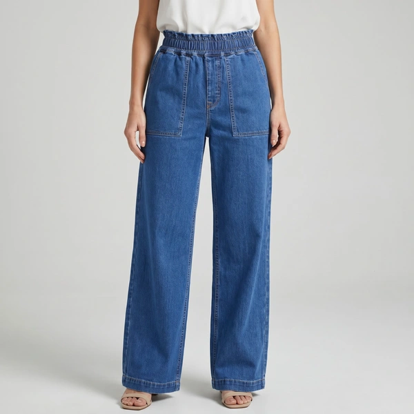 Guess What Women's Mid Blue Wide Leg Elastic Waist Jeans | High Waist Palazzo Denim | Guess What - 28, Mid Blue