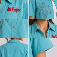Guess What Lee Cooper Women's Teal Cropped Shirt | Palm Lace Embroidery | Guess What - S, Aqua Blue-Green