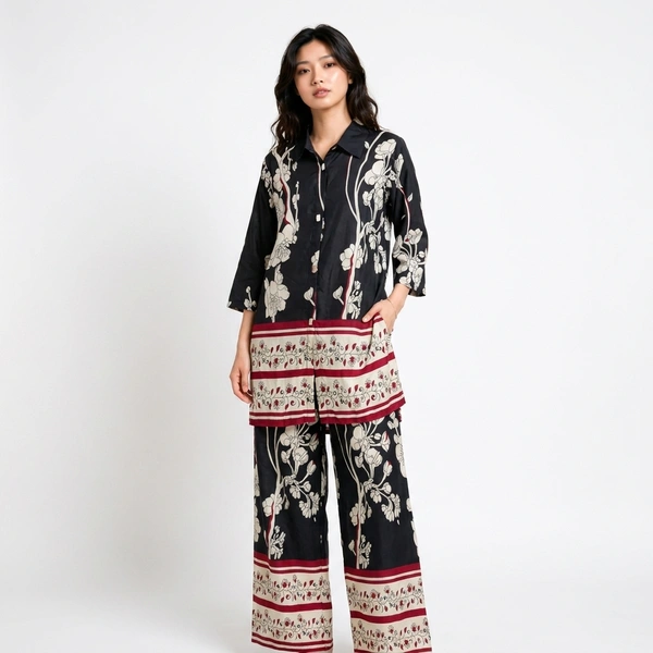Guess What Women's Black Floral Print Co-ord Set | Shirt & Wide Leg Pants | Guess What - M, Black