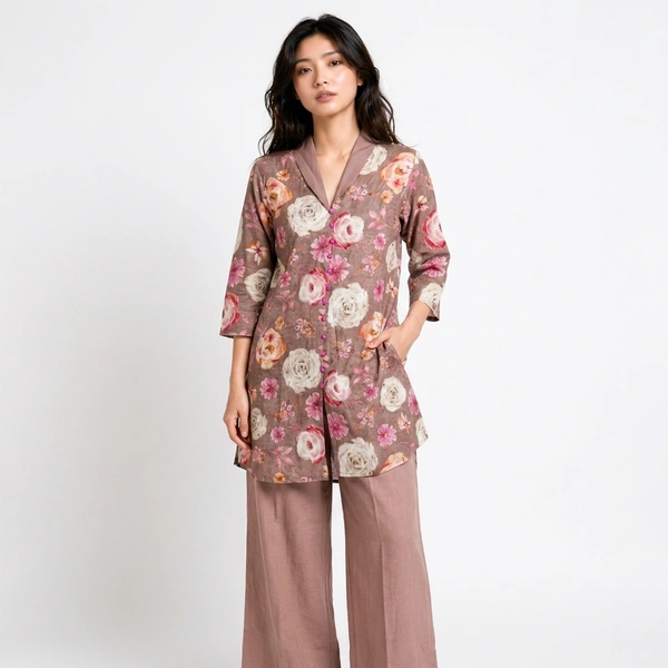 Guess What Women's Dusty Rose Floral Tunic Co-ord Set | Linen Blend | GuessWhat - XXL, DUSTY ROSE