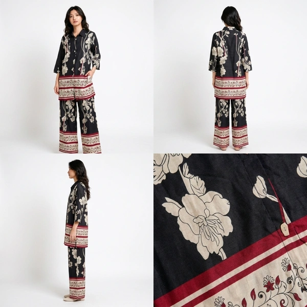 Guess What Women's Black Floral Print Co-ord Set | Shirt & Wide Leg Pants | Guess What - M, Black
