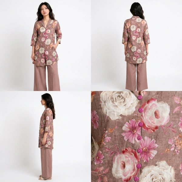 Guess What Women's Dusty Rose Floral Tunic Co-ord Set | Linen Blend | GuessWhat - XXL, DUSTY ROSE