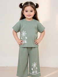 Guess What Girls Sage Green Floral Embroidered Co-Ord Set | Soft Ribbed 2 Piece Top & Wide Leg Pants Outfit - 7-8 years