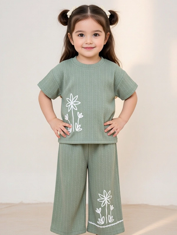 Guess What Girls Sage Green Floral Embroidered Co-Ord Set | Soft Ribbed 2 Piece Top & Wide Leg Pants Outfit - 7-8 years