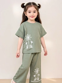 Guess What Girls Sage Green Floral Embroidered Co-Ord Set | Soft Ribbed 2 Piece Top & Wide Leg Pants Outfit - 7-8 years