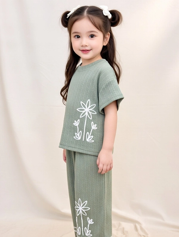 Guess What Girls Sage Green Floral Embroidered Co-Ord Set | Soft Ribbed 2 Piece Top & Wide Leg Pants Outfit - 7-8 years