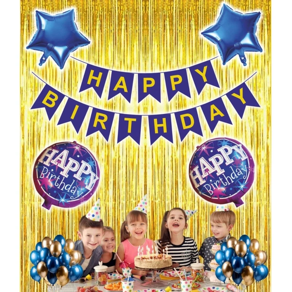 Little Decor Happy Birthday Blue Decoration Kit – Blue & Golden Theme (112 PCS) | Premium Birthday Party Decoration Combo