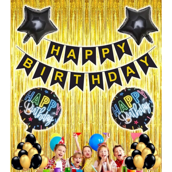 Little Decor Happy Birthday Decoration Kit – Black & Gold Theme (112 PCS) | Premium Birthday Party Decoration Combo for Home