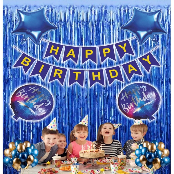 Little Decor Happy Birthday Blue Decoration Kit – Blue & Golden Theme (112 PCS) | Premium Birthday Party Decoration Combo