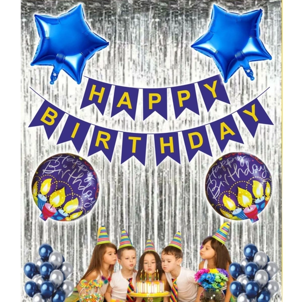 Little Decor Happy Birthday Decoration Kit – Blue & Silver Theme (112 PCS) | Premium Birthday Party Decoration Combo for Home