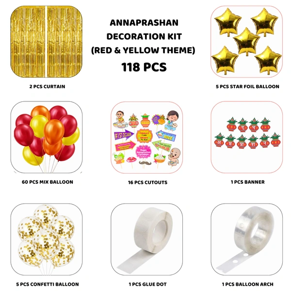 Annaprashan Decoration Kit – Red & Yellow Theme (118 PCS) | My First Rice Ceremony Decoration Combo for Baby
